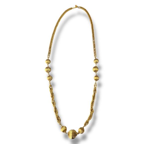 NLH Jewelry - NLH Gold Tone Ribbed Bead Station Rope Chain Necklace 34” Long Statement Vintage